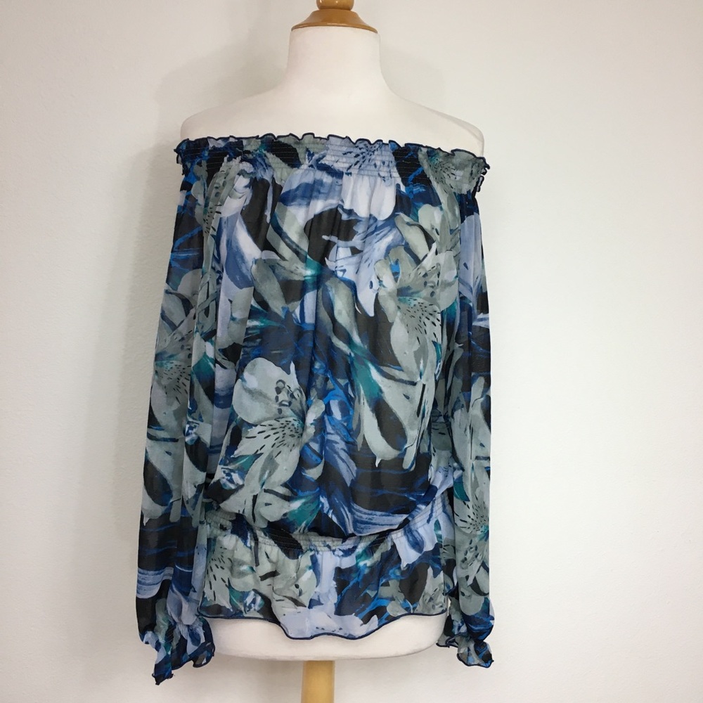 Vintage Y2K Women's Blue Gray Watercolor Floral Off Shoulder Sheer Blouse Size S